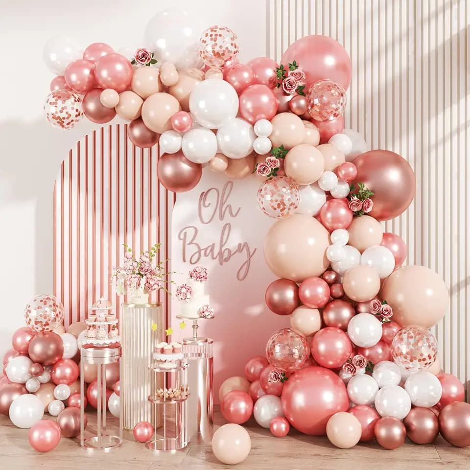 MEBAY 147PCS Rose Gold Balloon Garland Arch Kit, Pearl Rose Gold Metallic White Nude Balloons with Confetti for Wedding Bridal Shower Princess Party Girl Birthday Baby Shower Decorations