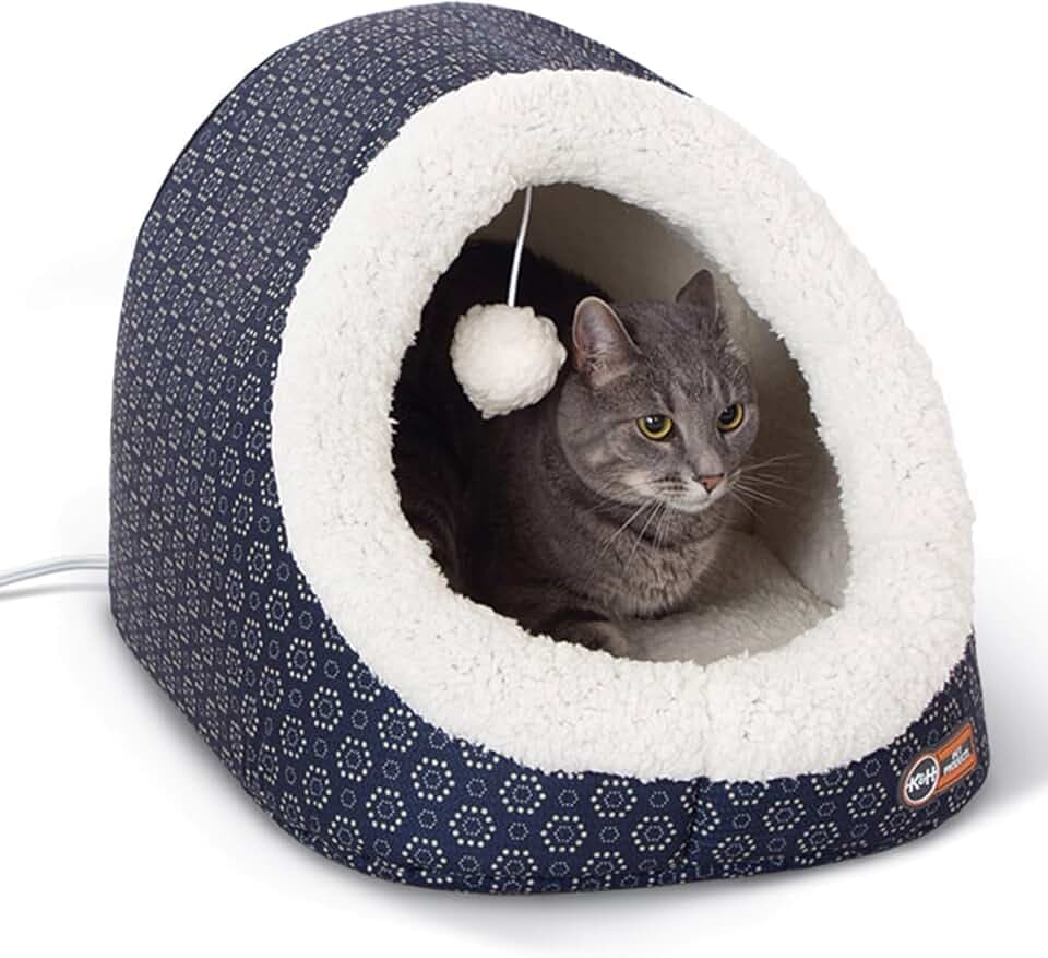 K&H Heated Cat Bed, Thermo-Pet Cave Indoor, Safety Listed, 4W, Navy/Geo