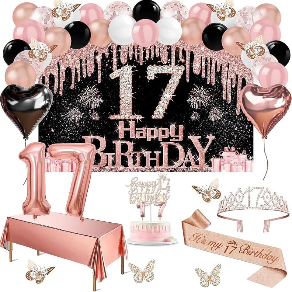 Amosking 17 Geburtstag Mädchen Deko Roségold Schwarz 49pcs