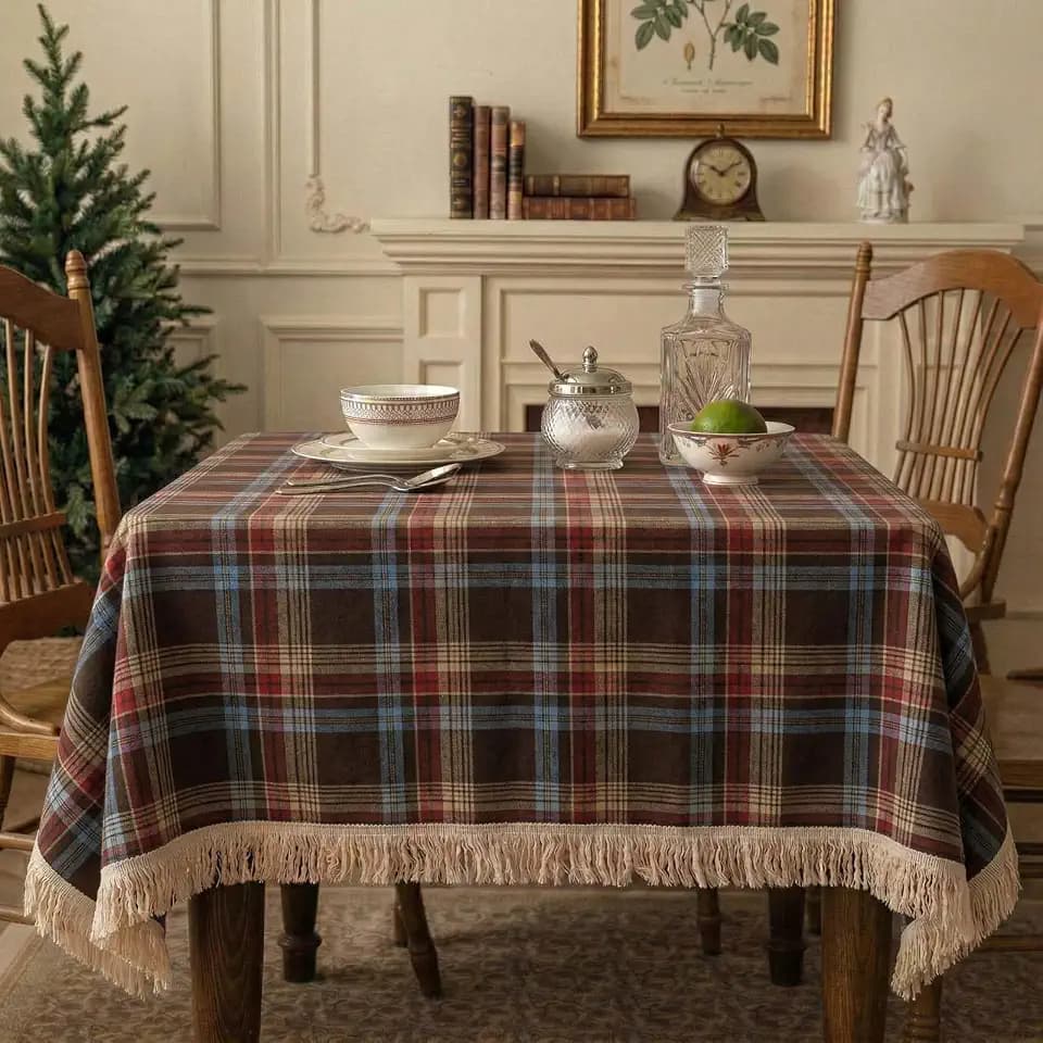 Plaid Tablecloth with Tassels, 1 Pack, 55 Inch Round, Brown