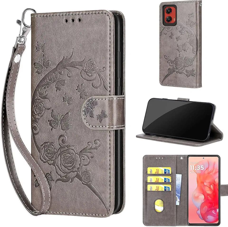 Wallet Case for Motorola Moto G Stylus 5G 2024, Gray Flower