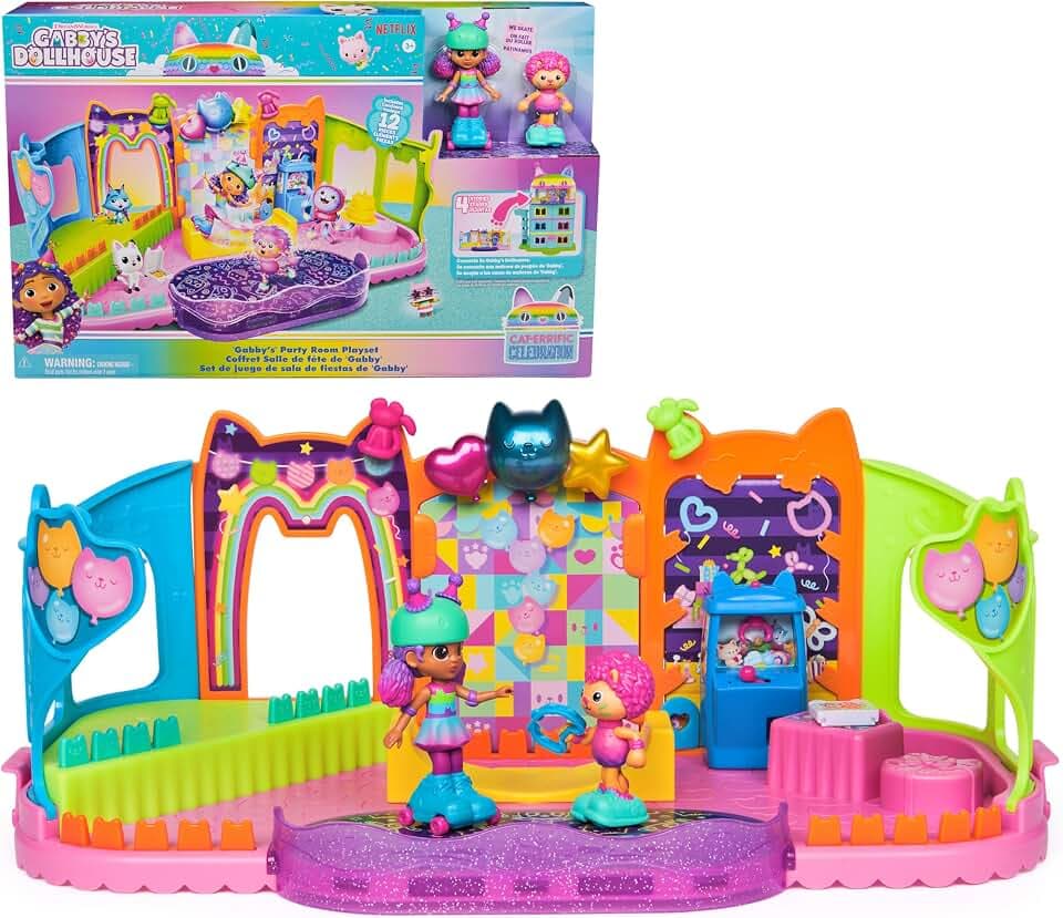 DREAMWORKS GABBY'S DOLLHOUSE - Partyraum Spielset, Skate-Park Dachgeschoss Zimmer mit Gabby und Marty-Figur, Möbeln und Zubehörteilen, ab 3 Jahren