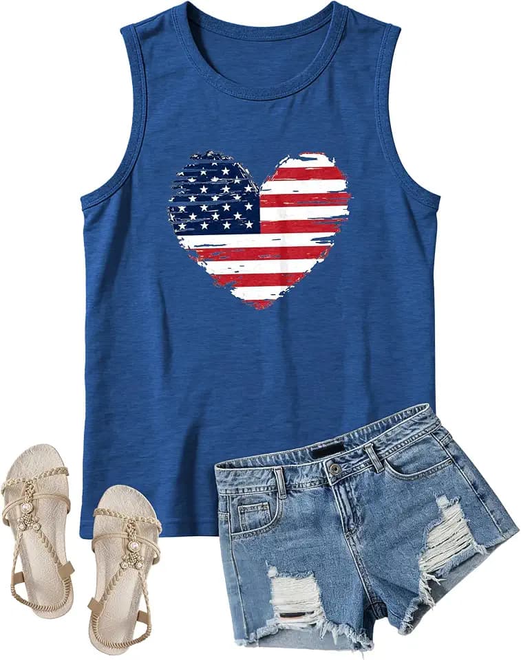 4th of July Floral American Flag Tank Top for Women Patriotic Sleeveless Apparel