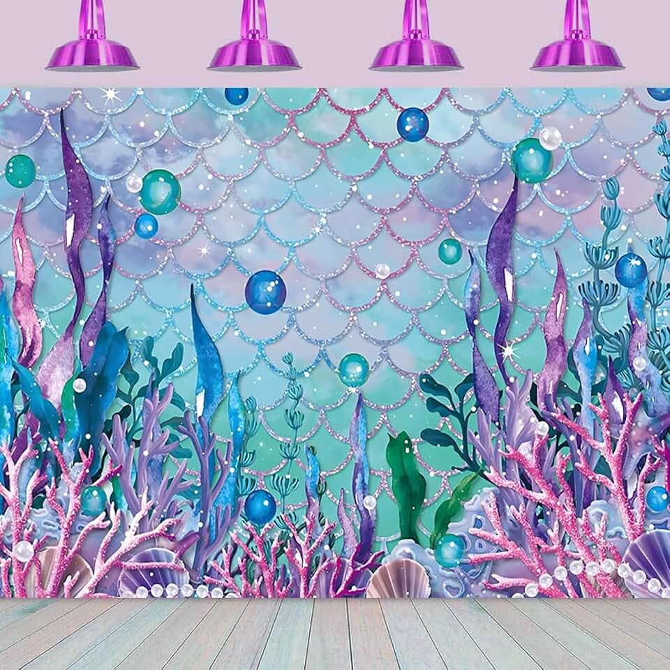 2.1x1.5m Foto Hintergrund Meerjungfrau Unter dem Meer Lila Korallen Perlen Fotografie Hintergrund Mädchen Prinzessin Kleine Meerjungfrau Geburtstag Party Dekorationen Banner Fotostudio Requisiten