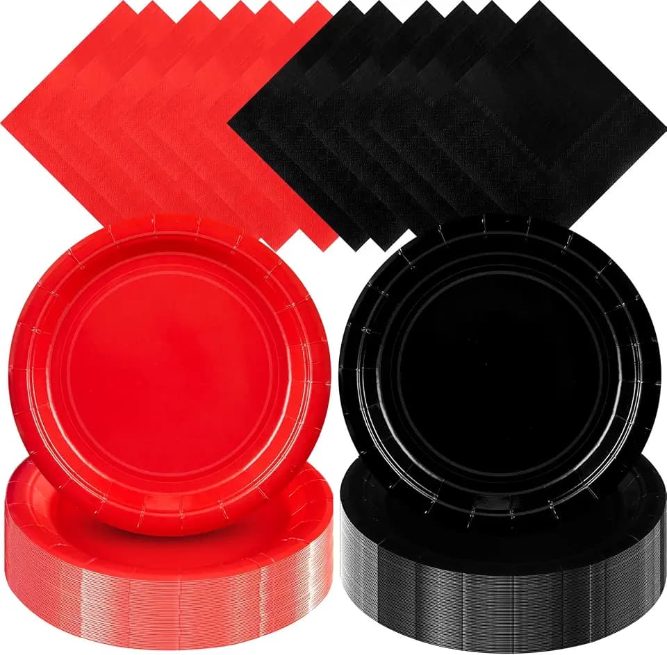 Zhehao 120 Pcs Disposable Paper Dessert Plates and Napkins Set, 7 Inch Party Cake Appetizer Plate with Napkin for Birthday Baby Shower Wedding Easter(Red, Black)
