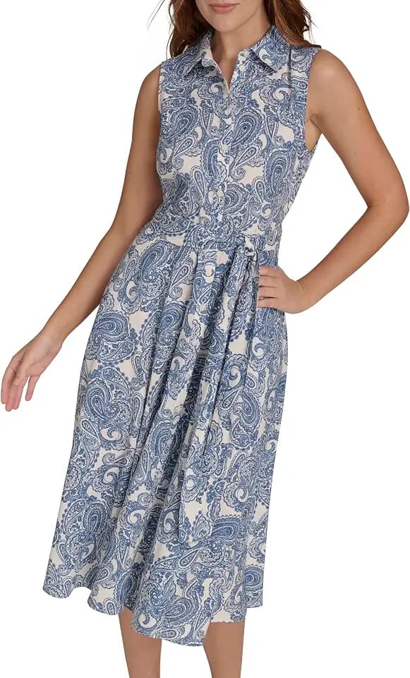 Tommy Hilfiger Women's Sleeveless Collared Button Front Tie Waist Midi Shirt Dress