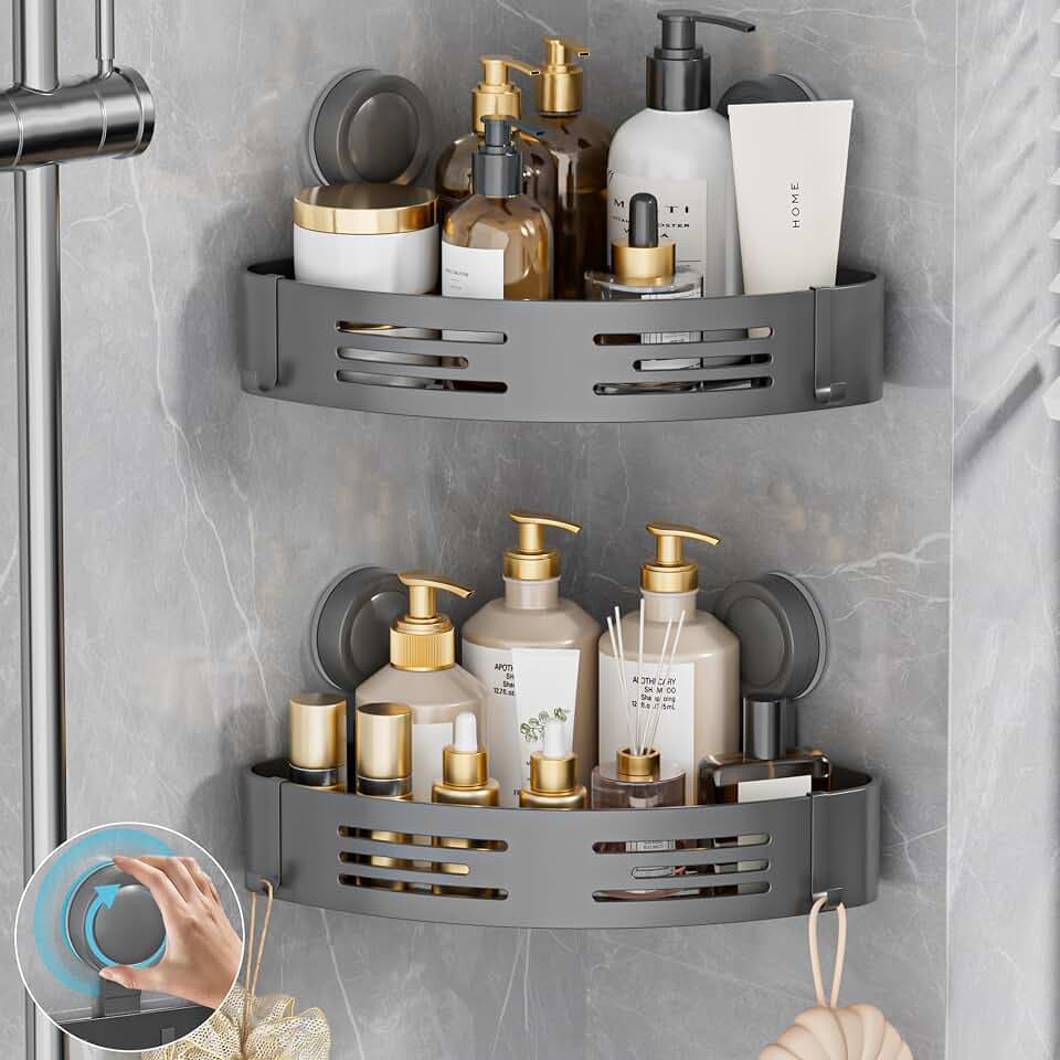 Duschablage Ohne Bohren Ecke 2er Set, Duschregal Saugnapf Mit 4 Haken
