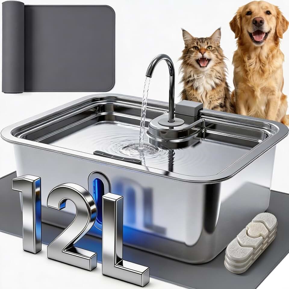 3.17Gal/12L Dog Water Fountain with Silicone Mat & 3 Filters