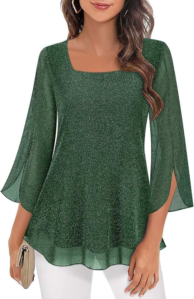 Syphiby Damen-Blusen mit Rüschen, 3/4-Ärmel, Tunika, Tops, locker, fließend, quadratischer Ausschnitt, Chiffon, doppellagig, Netzhemden, M-3XL