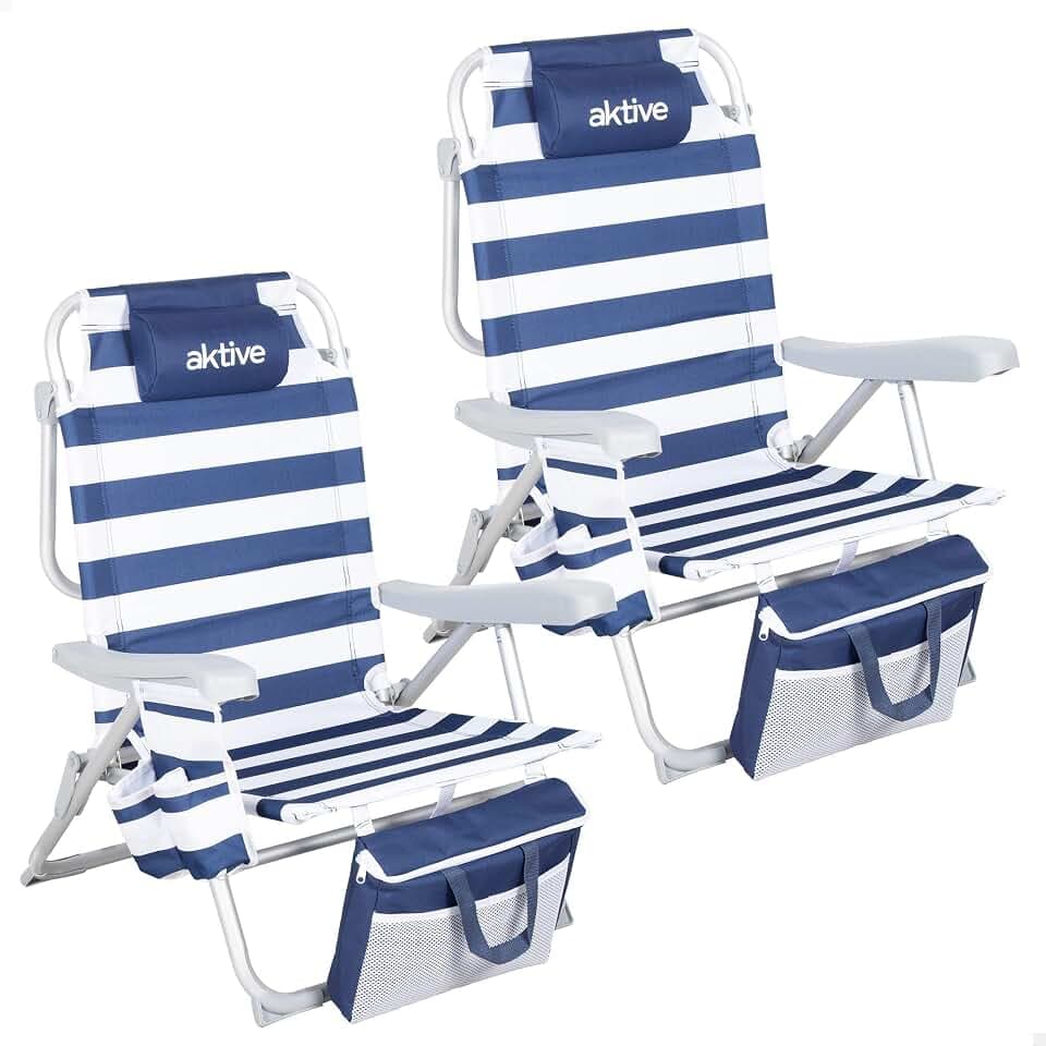 AKTIVE Packung mit 2 Strandstühlen, 48 x 58 x 80 cm, 5 Positionen, Maritime Streifen, Gewicht pro Stuhl 110 kg, Kissen, Taschen, Seitenuntersetzer, eingebauter Kühlschrank, Griffe Rucksack (85540)