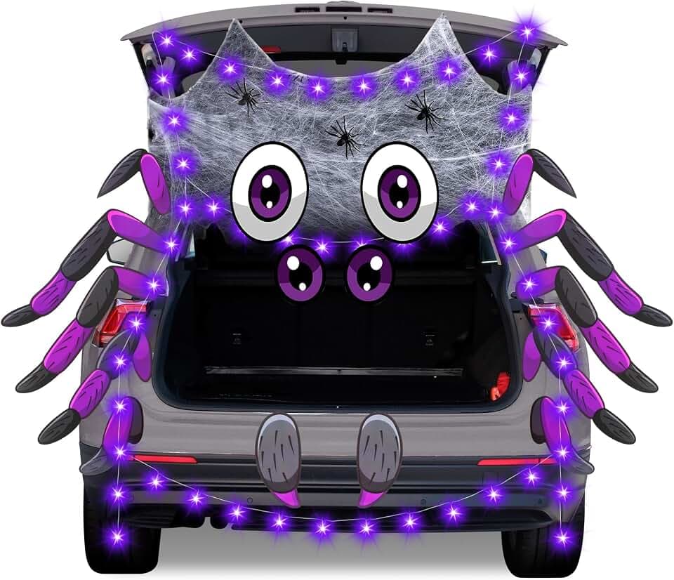 Halloween Trunk or Treat Car Decorations Kit, Spider Web with Lights,Purple
