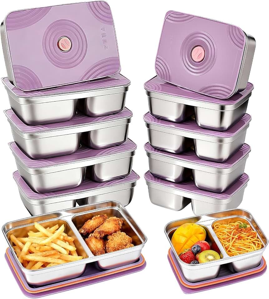 GIUOIDUO 12-Piece Stainless Steel Snack Containers Reusable, Grab and Go 2 Compartment Food Storage Containers with Leakproof Lids for Travel and Outdoor Camping School Lunch Prep Dishwasher Safe