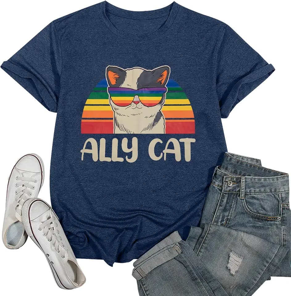 Ally Cat Shirt for Women Pride Tshirt LGBT Gay Shirts Cat Pride T-Shirt Rainbow Graphic Tee Tops