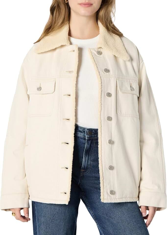 Amazon Essentials Women's Oversized-Fit Denim Jacket with Faux Shearling Collar and Lining, Heavyweight