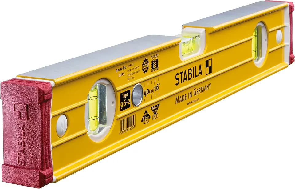 STABILA Wasserwaage Type 96-2, 40 cm, extrasteifes Alu-Profil, 1 Horizontal-Libelle, 2 Vertikal-Libellen, stoßdämpfende Endkappen, integrierte Rutsch-Stopper, Made in Germany, Gelb