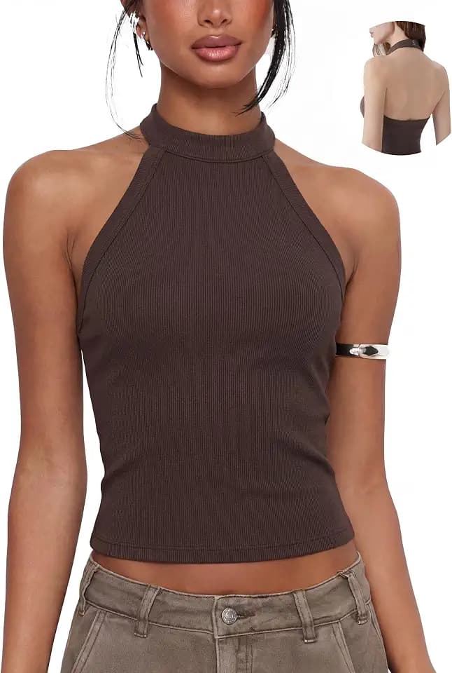 SUUKSESS Halter Tops for Women Open Back Tank Tops High Neck Backless Top