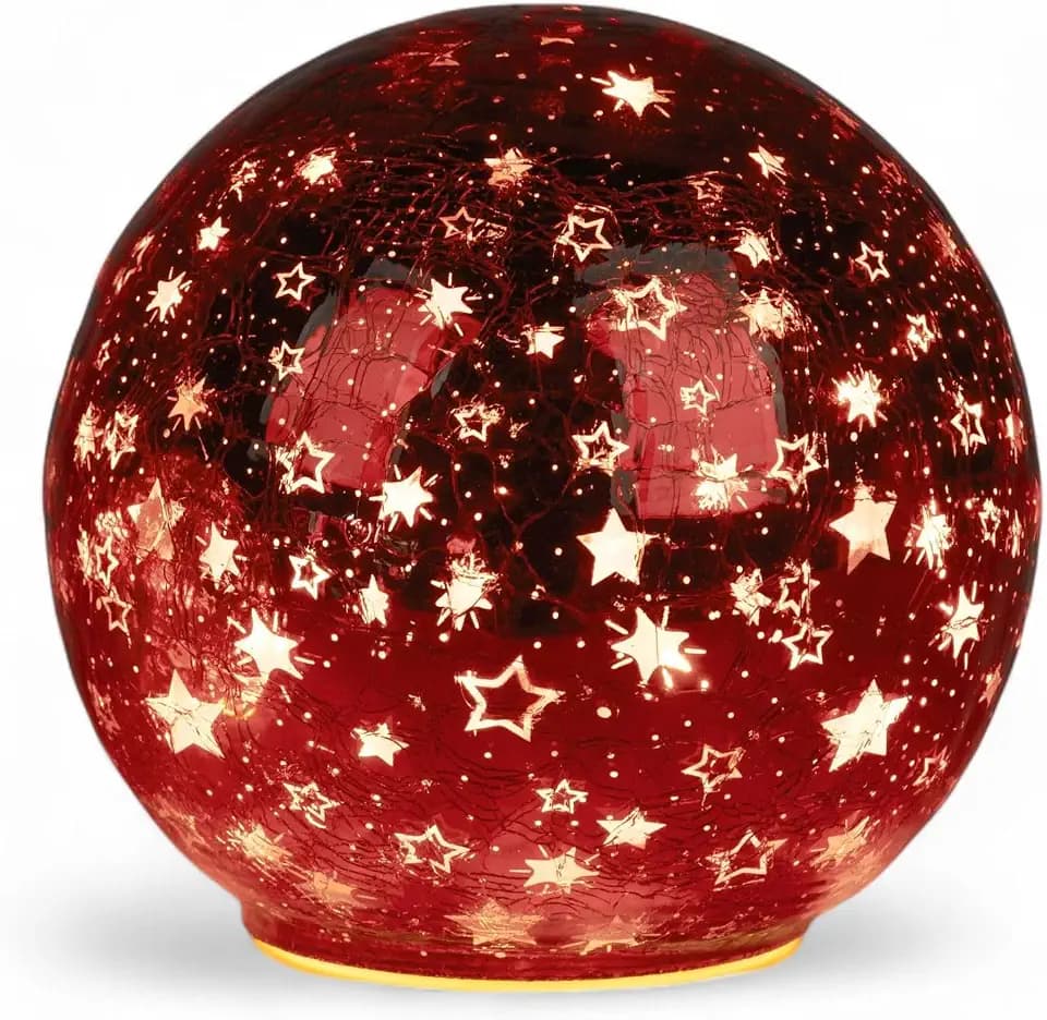 formano LED Deko-Kugel 15 cm Sterne Rot Glaskugel Timer 6h/18h beleuchtete Deko - inkl. 3 AA Batterien - glänzende Crackle-Optik - Herbst Winter Weihnachtsdeko für Tisch Regal Fensterbank