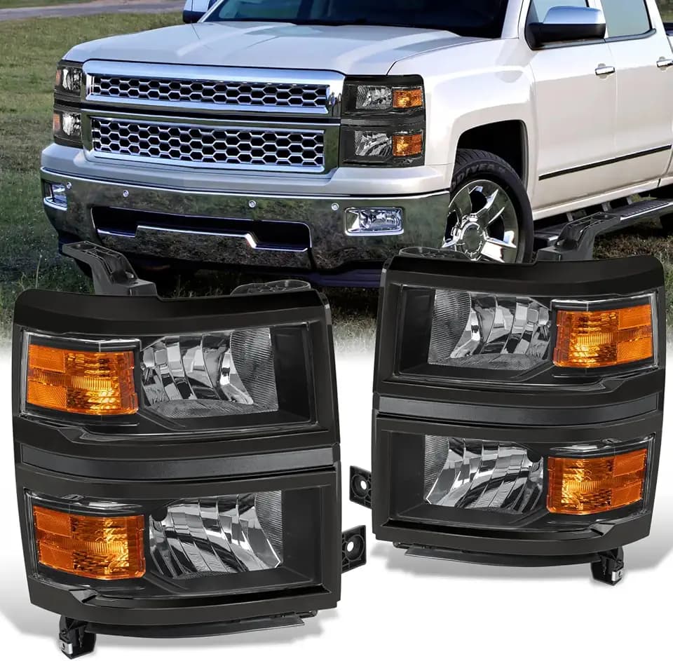 MOSTPLUS Pair Headlight Assembly Compatible with 2014 2015 Chevy Chevrolet Silverado 1500 Headlights Headlamps with Black Housing Smoke Lens