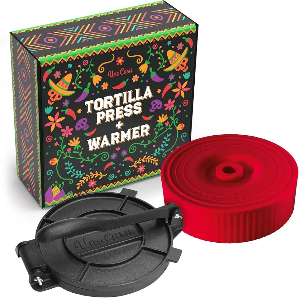 Uno Casa Tortilla-Presse aus Gusseisen, 20,3 cm, mit Tortilla-Wärmer – Set mit vorgewürztem Quesadilla-, Roti- und Pataconera-Maker mit Taco-Schalen-Wärmer, inklusive 100 Stück Pergamentpapier