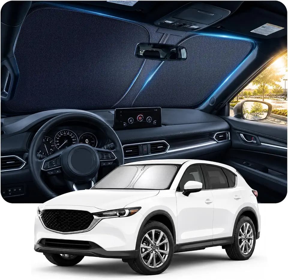 [2026 Upgraded] DooGooCoo Windshield Sun Shade for Mazda CX5 2017-2025 2026 [Cooling Ice-Crystal, 100% Sun Block] Sunshade for Car Windshield for Mazda CX5 Sun Shade, Custom Fit for CX 5.