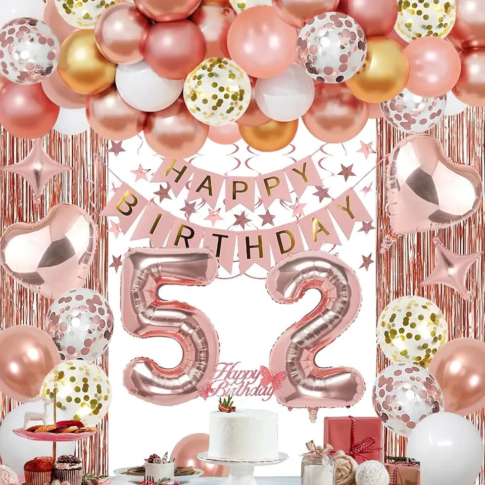 52nd Rose Gold Birthday Decorations for Women, 55 PCS Birthday Party Packs