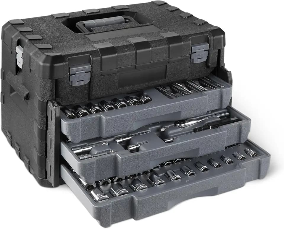 Amazon Basics 287-Piece Mechanic Socket Set with Quick-Release Ratchets, Wrenches, Bits, 1/4" 3/8" 1/2", Metric and SAE, 3-Drawer Case, for Auto and Machine Repairs