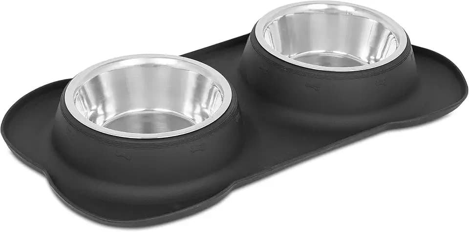Internet's Best Bone Dog Bowl Set | Double Stainless Steel Pet Food Water Bowls | No Spill Silicone Stand | Large Medium Breeds | Black