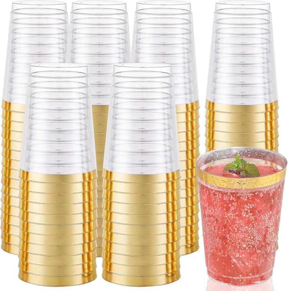 I00000 50 Pack 12 oz Gold Plastic Cups, Premium Gold Rimmed Plastic Cups