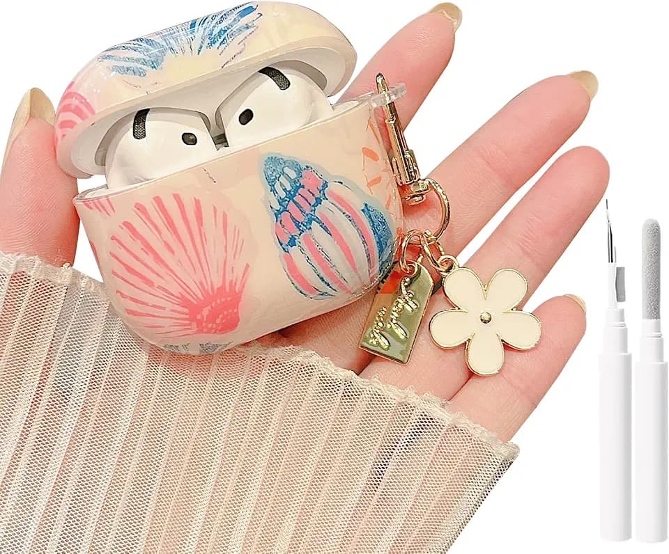 MINSCOSE for AirPods 4th Generation Case,Cute Art Seashell Aesthetic Pattern Design with Girly Floral Keychain,Soft Silicone Protective Earbuds Cover with Cleaner Kit for Girls Women-Pink