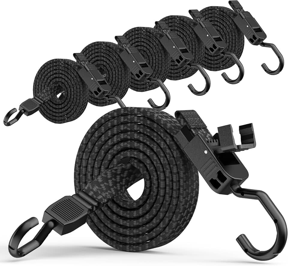 Rugtol Verstellbar Spanngummi mit Haken, 200cm Expander mit Schnellverschluss-Schnalle und Metallhaken 6er Set, Flach Gepäckspanner Schwarz, Extra Stark Gummispanner für Sonnensegel, Fahrrad, Tarps