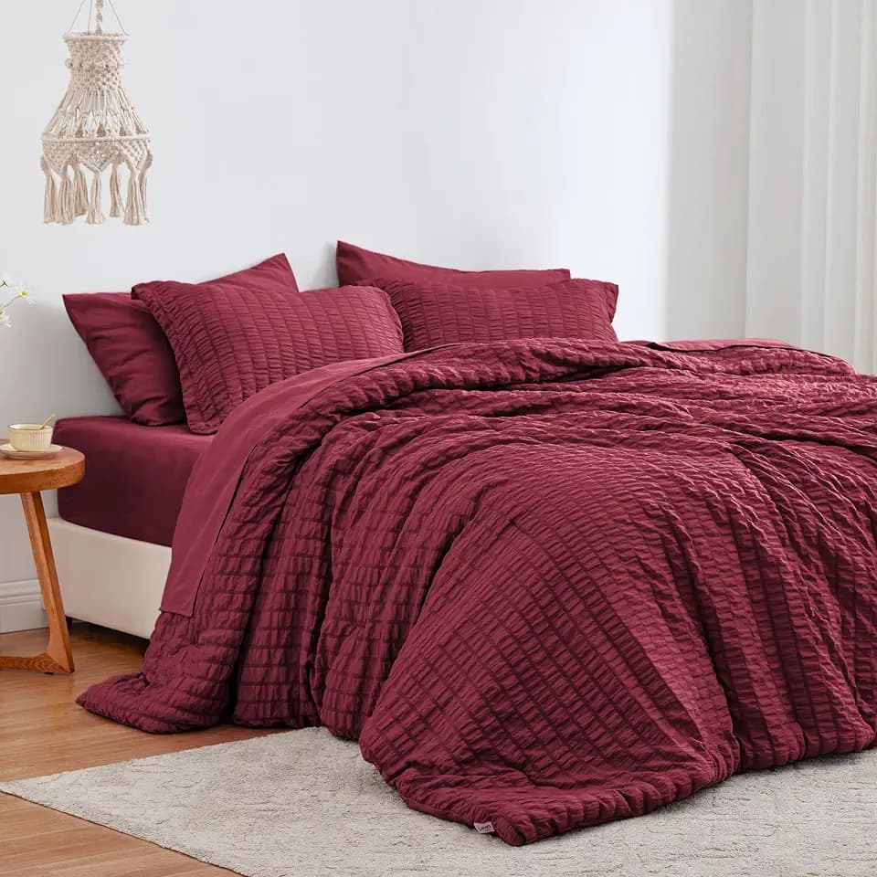 Love's cabin Seersucker Burgundy Full Comforter Set