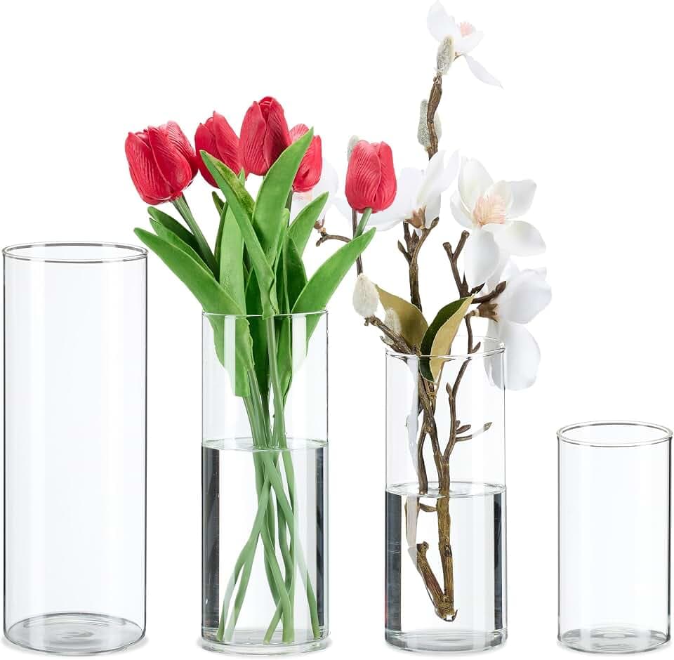 Relaxdays Vasen aus Glas, 4 Blumenvasen in versch. Größen, Glasvasen für Blumen & Kerzen, Tischvasen Set, transparent