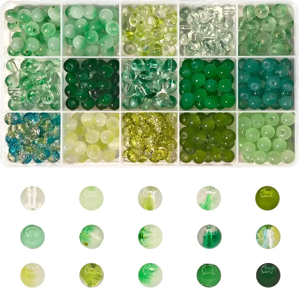 8mm Perlen Glasperlen für Armbänder 380+ Stück Beads Bastelperlen DIY Machen Set Lose Perlen Zum Auffädeln Bunt Kandi Beads für Schmuck Basteln Grün