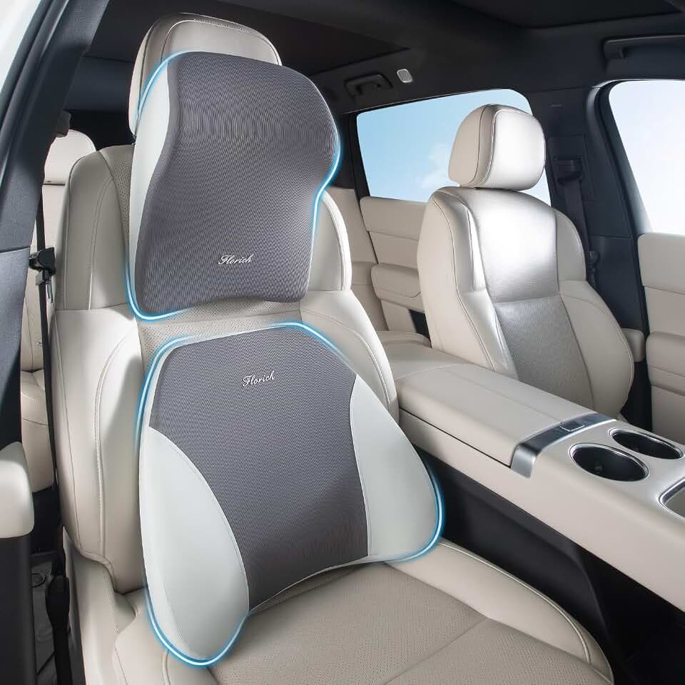 FLORICH Lumbar Support and Car Neck Pillow, Back Support and Headrest Pillow for Car Seat Driver, Memory Foam Back Neck Support Pillow and Car Seat Lumbar Support for Car Office Chair - Gray
