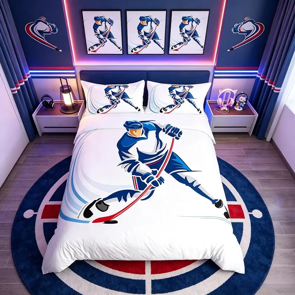 Homemissing Bettwäsche-Set für Einzelbett, Eishockey-Set, Bettbezug, Eishockey-Spieler, Wintersport, Schlafzimmerdekoration, blaue Eishockey-Serie