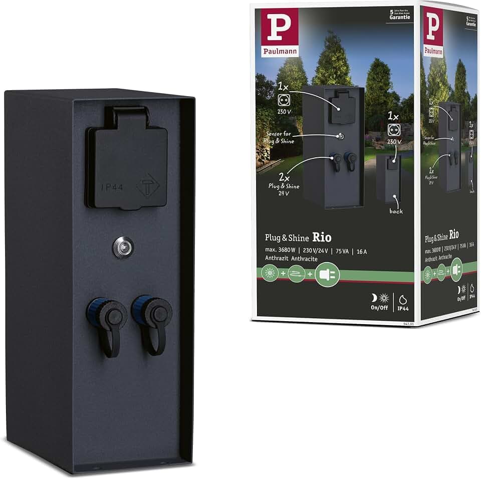 Paulmann 94701 Plug & Shine Außenleuchte Zubehör Steckdosensäule Rio mit Dämmerungssensor IP44 Anthrazit Anschlüsse 2x 230V 2x Plug & Shine 24V