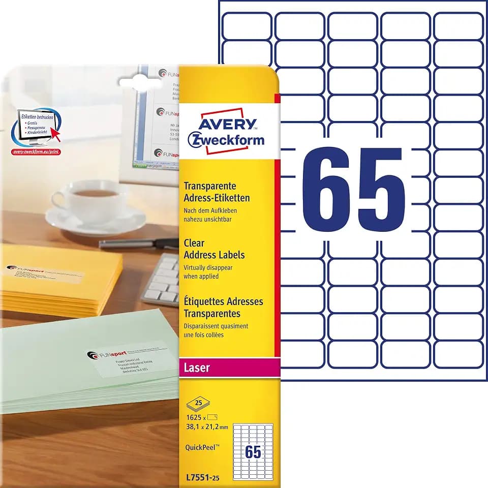AVERY Zweckform L7551-25 Adressetiketten/Adressaufkleber (1.625 Etiketten, 38,1x21,2mm auf A4, bedruckbar, selbstklebend, für Absenderetiketten, durchsichtige Polyesterfolie) 25 Blatt, transparent