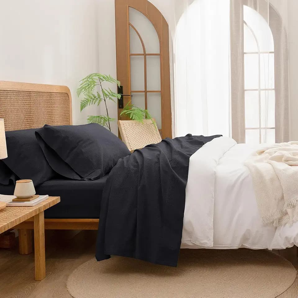 BESTOUCH Twin Washed Cotton Linen Feel Sheet Set 3pc Deep Black