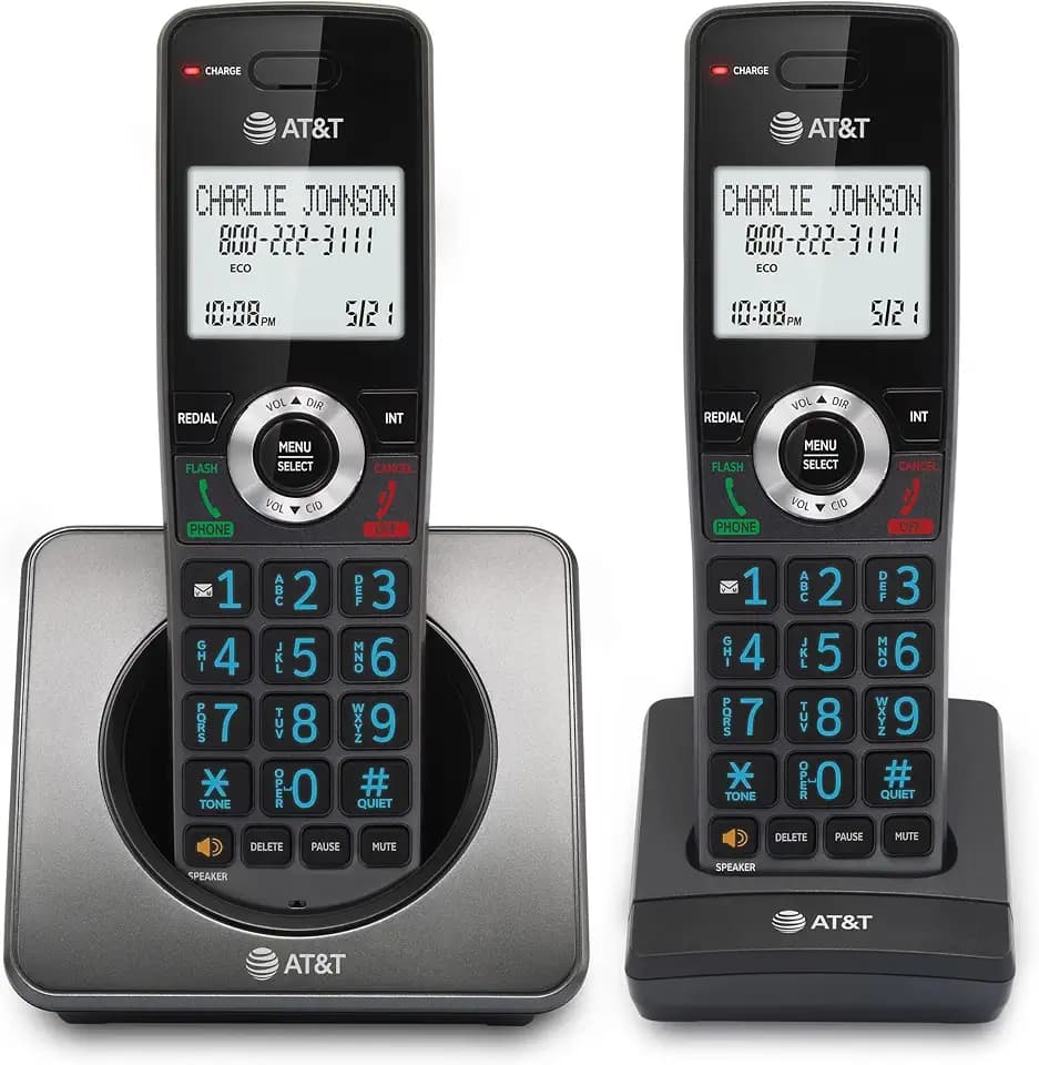 AT&T GL2101-2 DECT 6.0 2-Handset Cordless Phone with Call Block & Caller ID - Full-Duplex Speakerphone, 2" White Backlit Display, Lighted Keypad, Graphite & Black