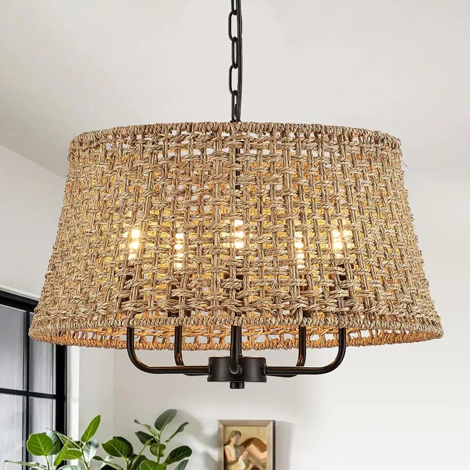 19.7" Boho Rattan Chandelier, 5-Light Black Wicker Light Fixture