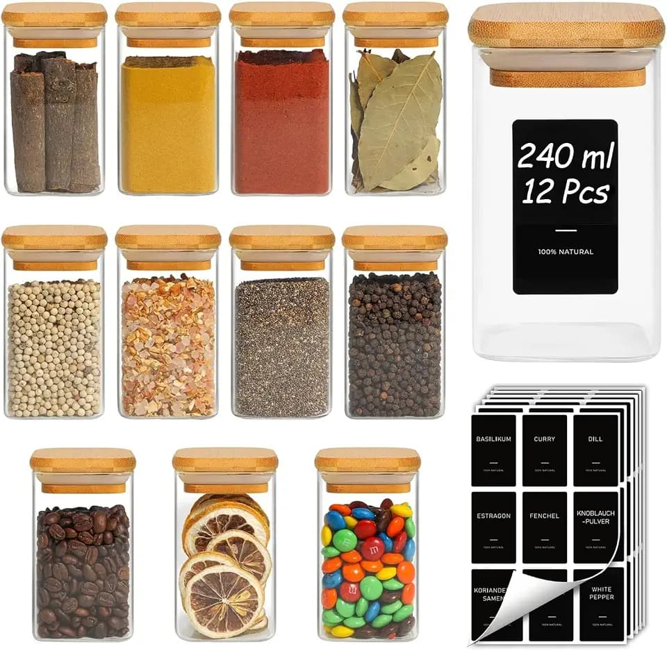 ComSaf Gewürzgläser Eckig, Glas-Gewürzstreuer für Gewürze 240 ml, 12er Set