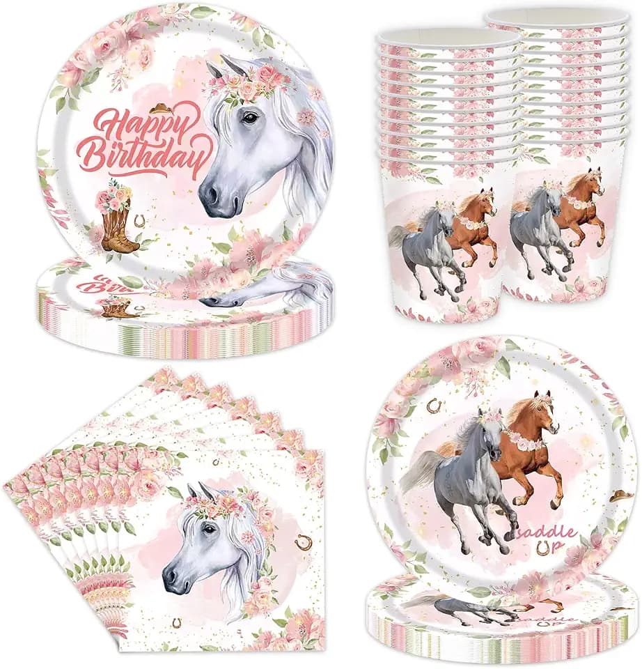 60Stk Rosa Pferd Geburtstag Partygeschirr Set,Pferd Geburtstag Party Dekoration Zubehör, Pferd Themed Party Dekorationen, umfasst Teller Tassen Papier Servietten Tischdecken für 20 Gäste
