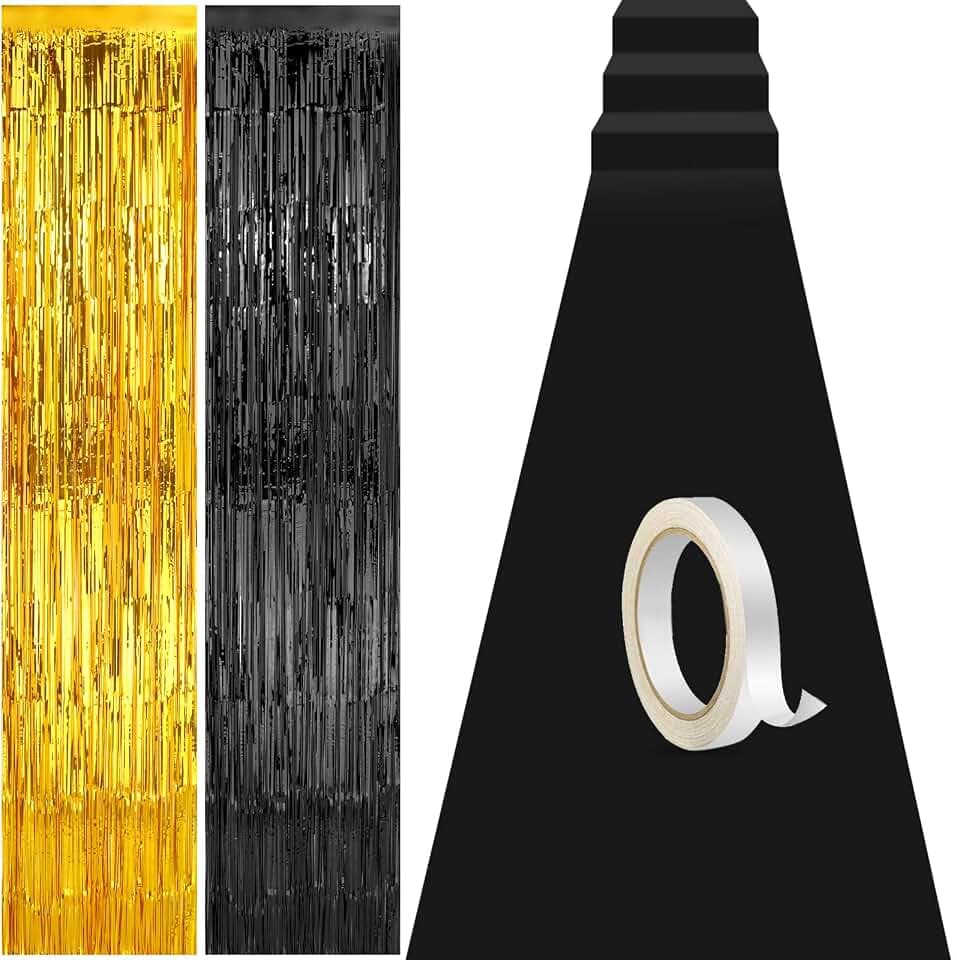 Tegeme Carpet Runner Aisle 2.6 x 30 Feet with Carpet Tape and 4 Pieces of 8.2 x 3.2 Feet Metal Tinsel Tassel Curtains for Halloween Birthday Wedding Party Decoration (Black, Gold)