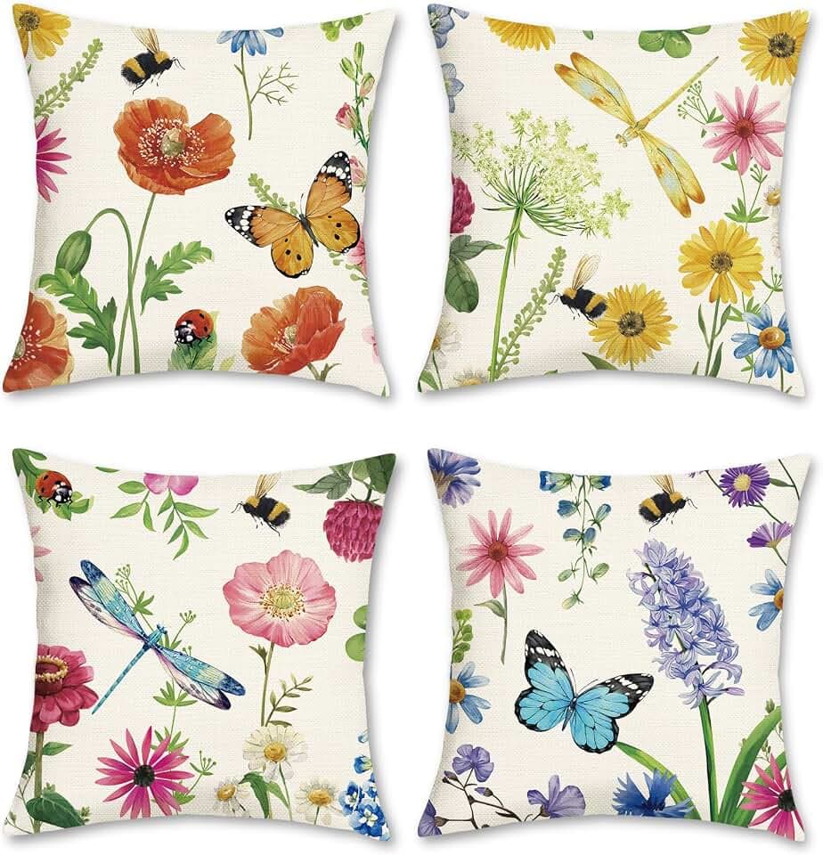Bonhause 4er Set Kissenbezüge Blumen 45 x 45 cm Wilde Blume Garten Dekorative Kissenhülle Zierkissenbezüge für Sofa Wohnzimmer Zuhause Sommer Terrasse Dekoration