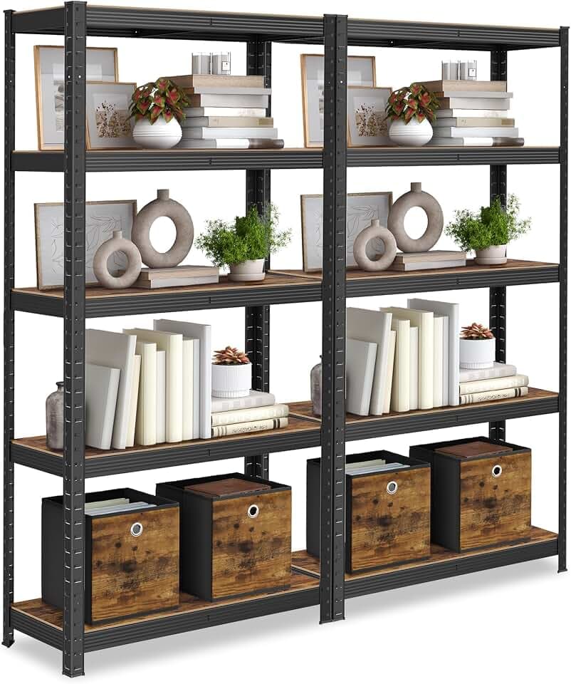 SONGMICS Standregal, 2er Set, Bücherregal, Lagerregal, 5 Ablagen, Küchenregal, Regal, 30 x 75 x 150 cm, bis 650 kg belastbar, verstellbare Ablagen, Industrie-Design, vintagebraun-schwarz GLR030B02