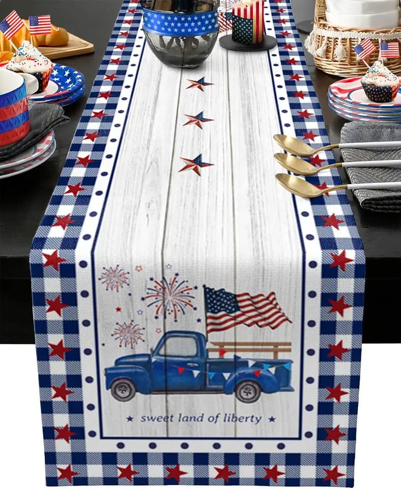 4th of July Table Runner 90 Inches Patriotic Runner for Tables Truck American Flag Stars Independence Day Memorial Day Decorations Dinner Runner