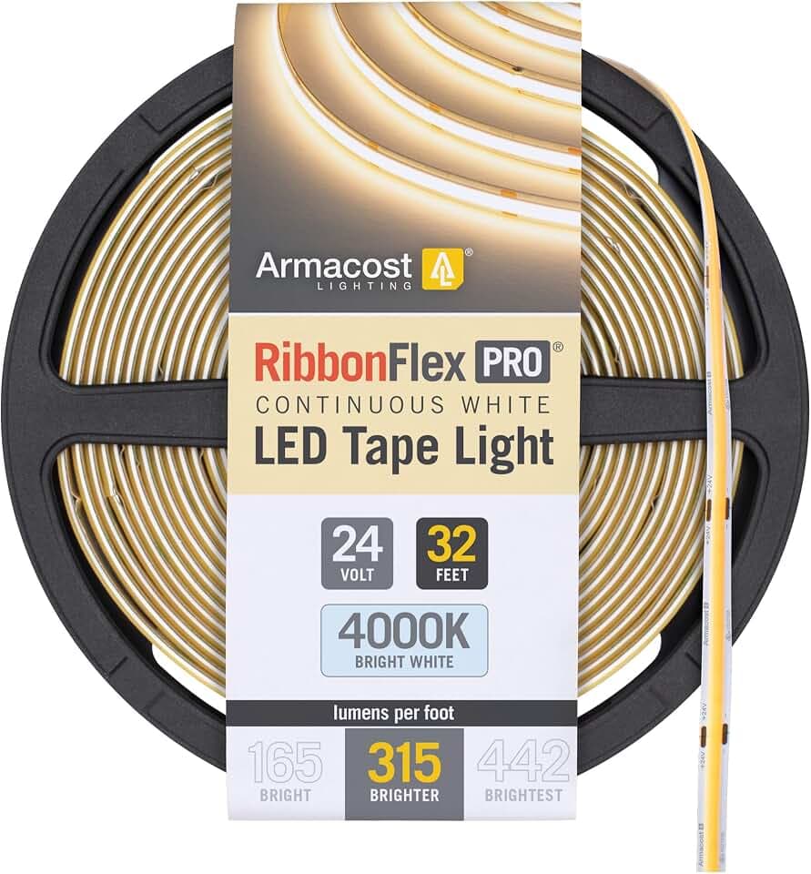 Armacost Lighting RibbonFlex Pro 24V White COB LED Strip Light Tape 4000K, 315 Lumens/Ft, 10M 172350
