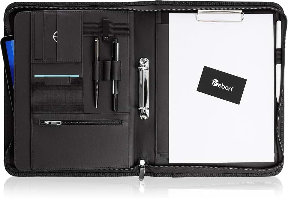 Vebon® Schreibmappe A4 Paris mit Reißverschluss & Ringbuch, Schwarz | Langlebiger Reißverschluss, extra Stauraum, Laptopfach mit Befestigungsgurt, wasserabweisend, Klemmbrett, zeitloses Design