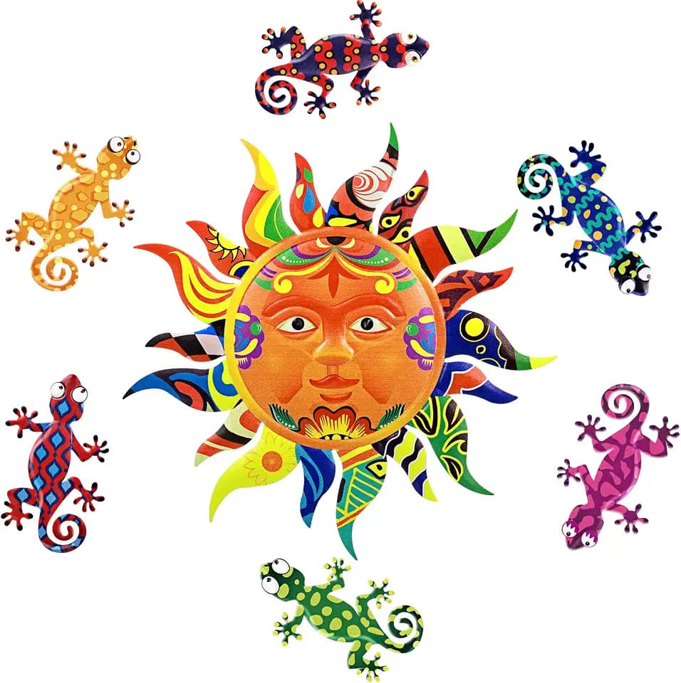 Hotop 7 Pcs Metal Sun and Gecko Wall Art Set, 12.6" Talavera Face Sculpture with 6 Colorful Lizards, Weather-proof Metal Fence Decor for Garden, Outdoor Porch, Patio & Indoor Home Decor