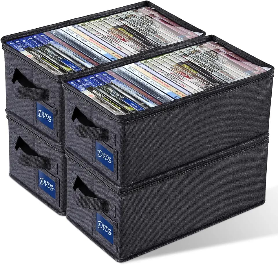 CCidea 4 Pack DVD Storage Box with Clear Window, DVD Case Organizer with Zipper Closure, Foldable Stackable Media Storage for DVDs, Blu-ray, Video Games - Holds 27+ Standard Cases 15.75" x 8.1" x 6.3"